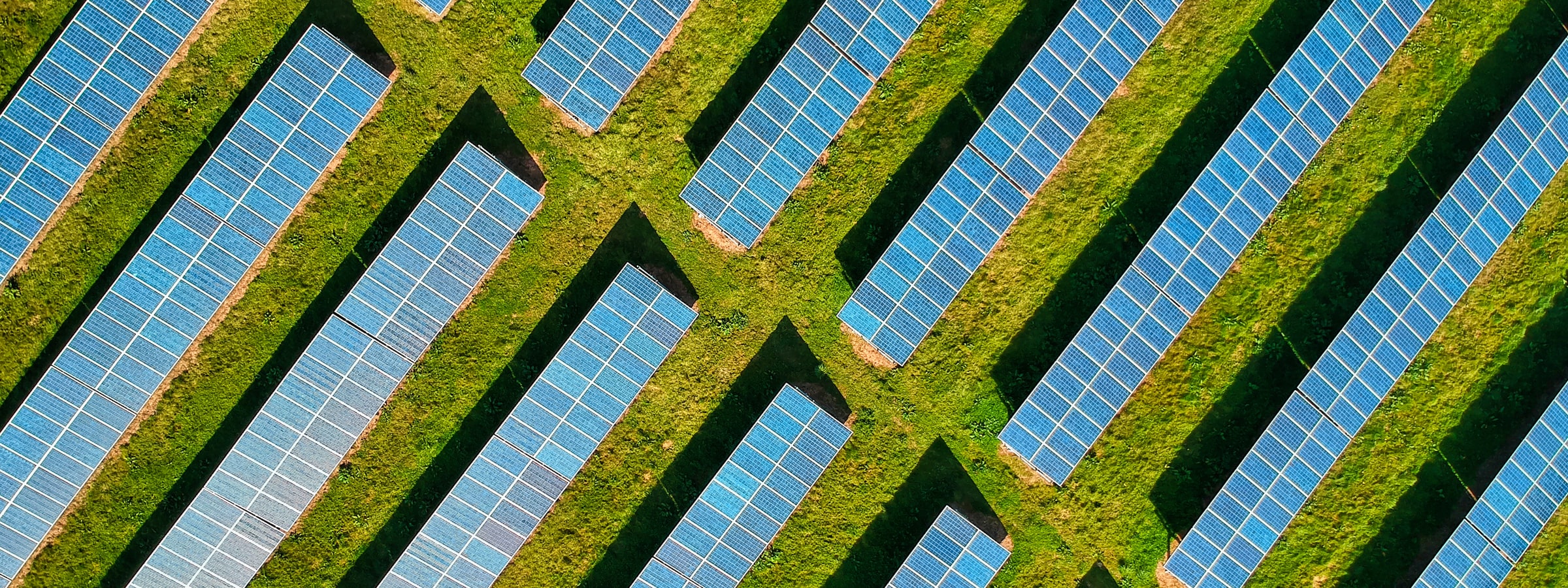 Aerial view of rows of solar panels across a field